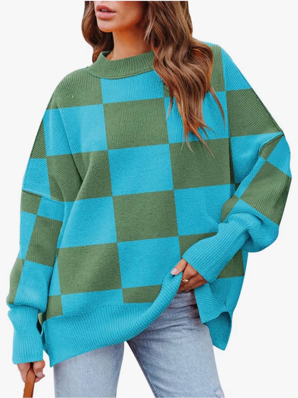 Oversized Checkered Knit Sweater - Blue Green
